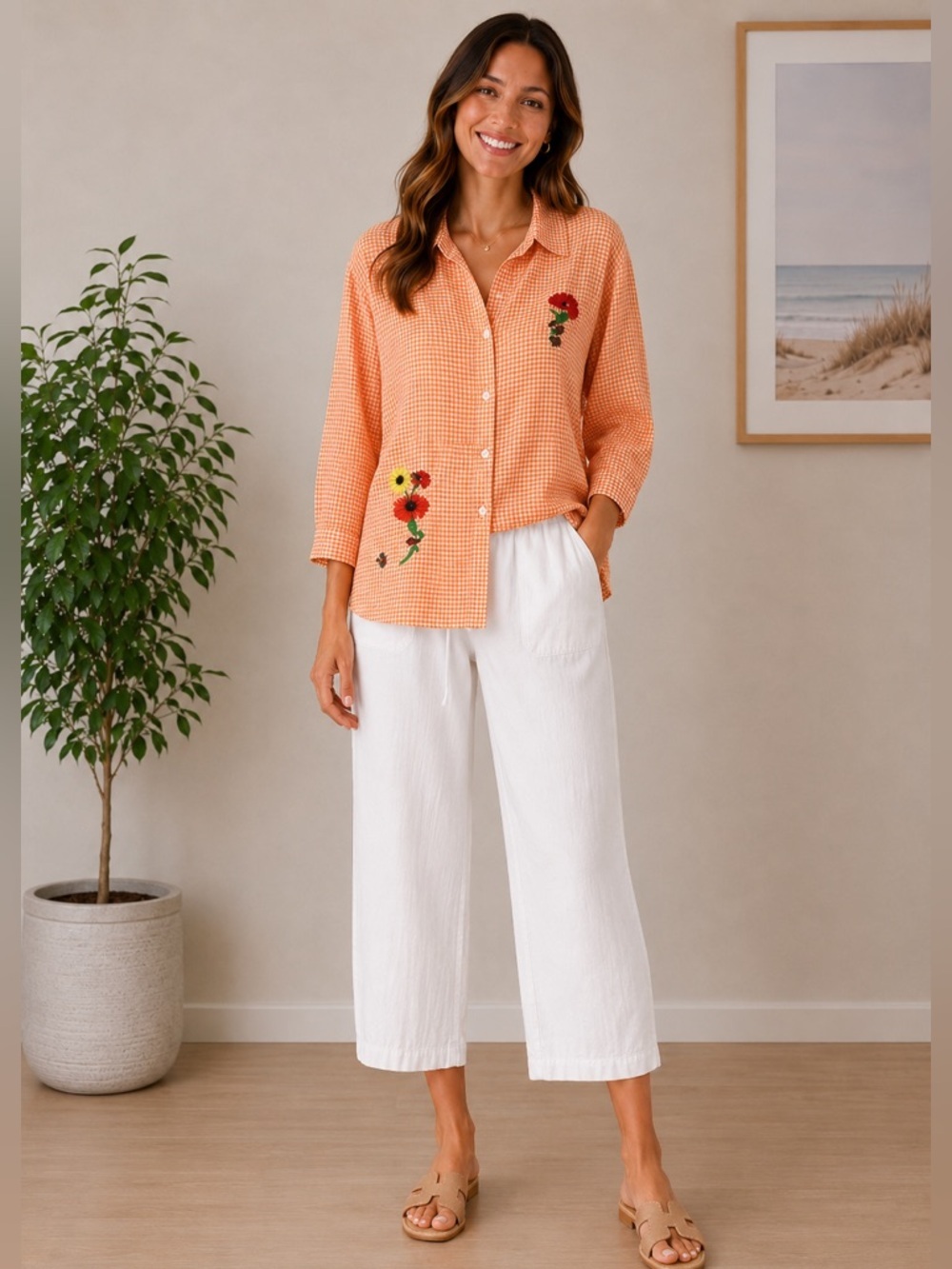 Las Olas Orange and White Gingham Button Down Shirt Cottagecore Cabincore Retro